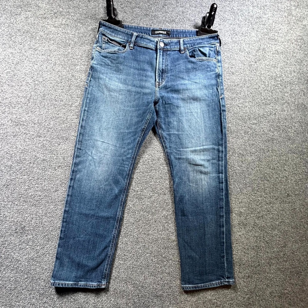 Express Slim Straight Jeans Mens 36x30 Blue Denim Medium Wash Stretch Zip Fly